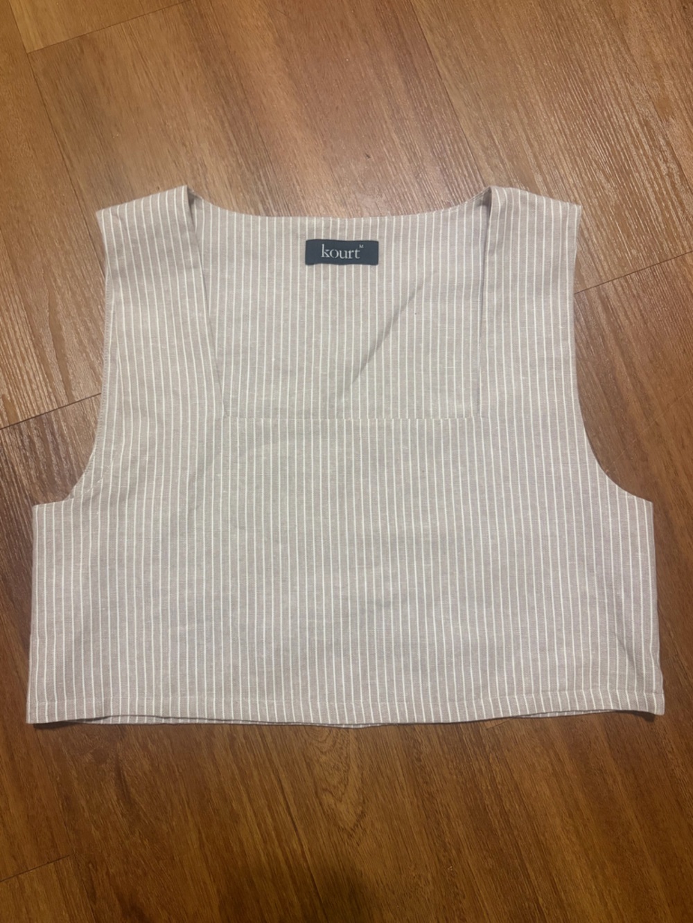 Kourt Taupe/White Pinstripe Cotton Linen Blend Boxy Oversized Crop Square Neck M